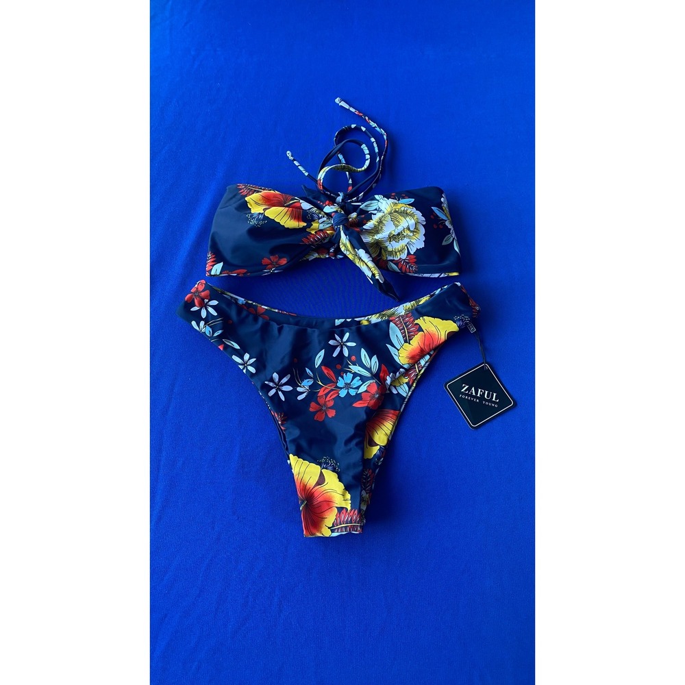 ZAFUL 2Piece Navy Floral Bikini Size Small New With Tags Tropical Hibiscus Print - Picture 6 of 7